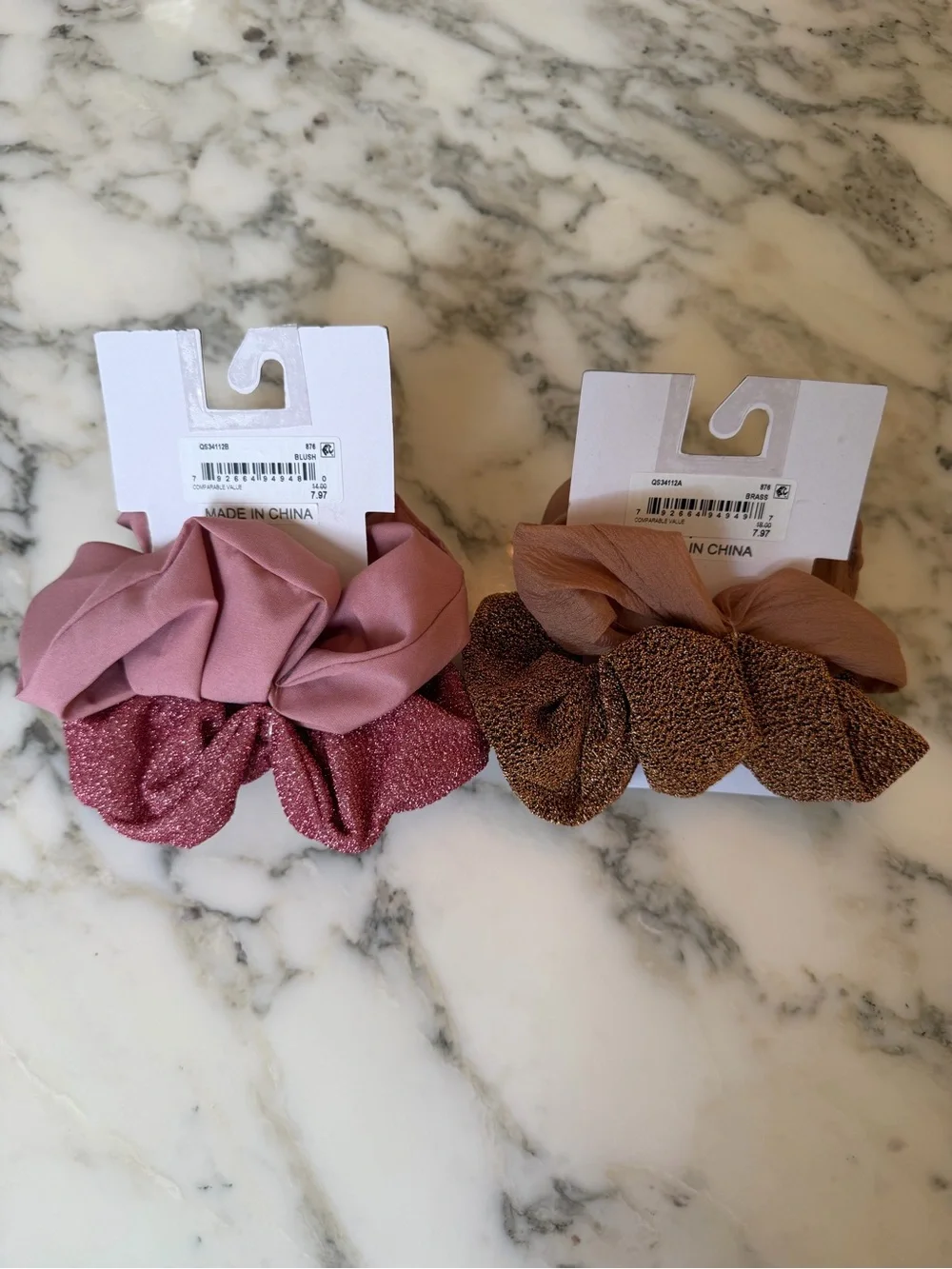 NWT Berry Set of 2 Oversized Scrunchies Satin & Metallic Pink Bronze Hair Ties